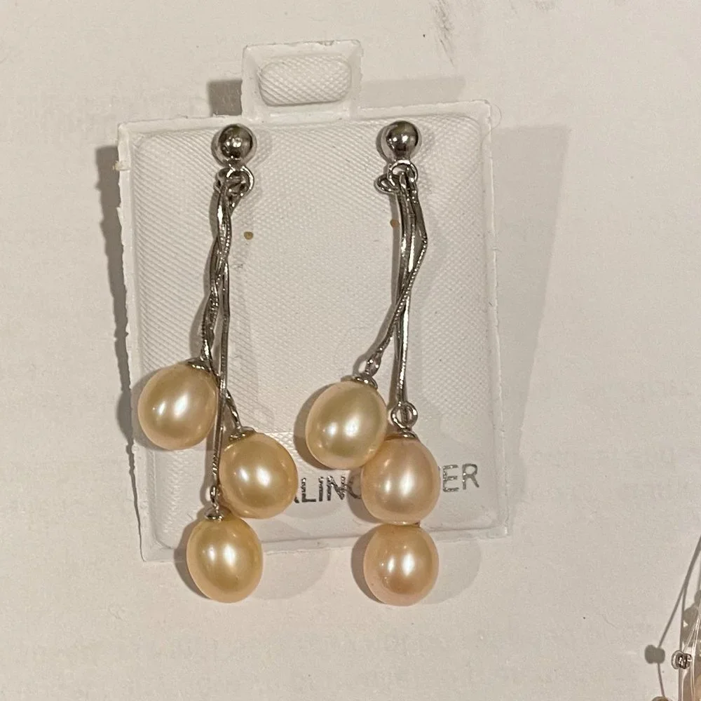 NEW Pink Gold Pearls Beaded multi layer necklace dangling earrings set - Picture 4 of 9